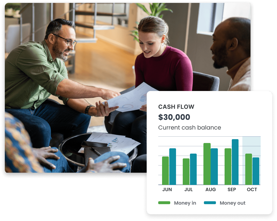 
                    Three professionals collaborating over financial documents with a laptop displaying a cash flow chart showing a current balance of $30,000.
                    The chart indicates monthly 'Money in' and 'Money out' for June through October, demonstrating the advanced forecasting and financial oversight
                    provided by fractional CFO services.
                  