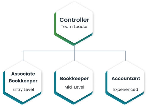 
              A diagram showing the hierarchy of key positions within the company, with 'Controller Team Leader' at the top,
              followed by 'Senior Bookkeeper Experienced', 'Bookkeeper Mid-Level', and 'Associate Bookkeeper Entry Level' at the base.
            