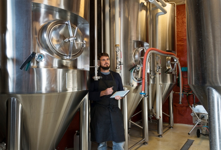 
                  A brewmaster attentively standing beside stainless steel brewing tanks, holding a clipboard, possibly inspecting or recording details in a craft brewery setting.
                