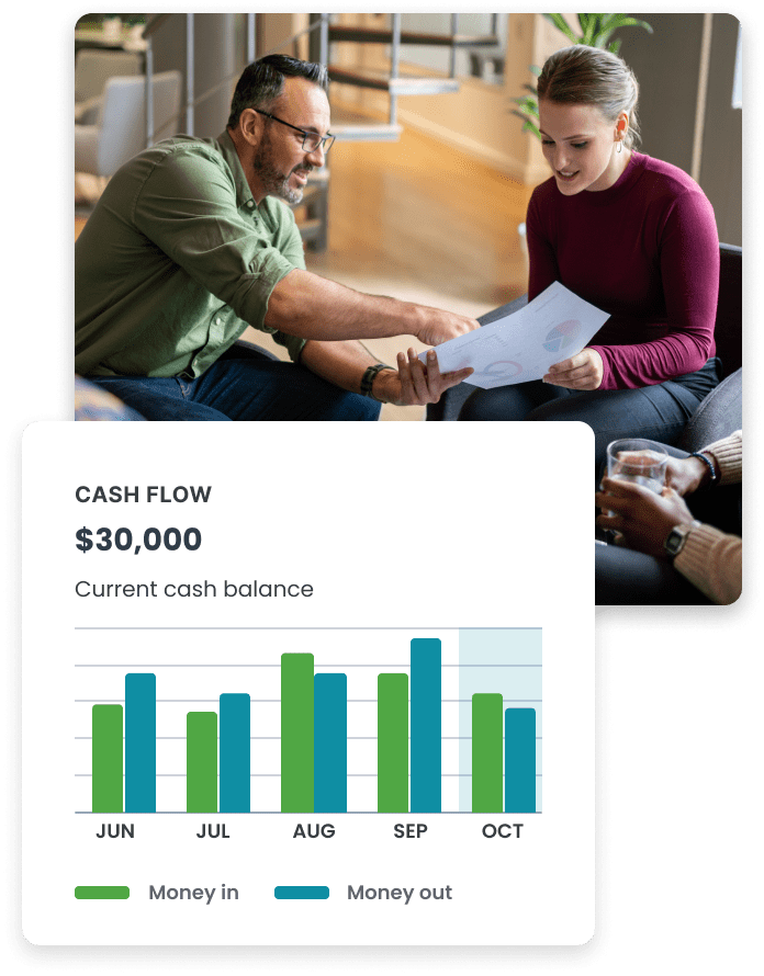 
                    Three professionals collaborating over financial documents with a laptop displaying a cash flow chart showing a current balance of $30,000.
                    The chart indicates monthly 'Money in' and 'Money out' for June through October, demonstrating the advanced forecasting and financial oversight
                    provided by fractional CFO services.
                  